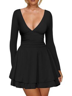 Women's Mini Dress Black V Neck Long Sleeve Bodycon Pull Over A Line Classic
